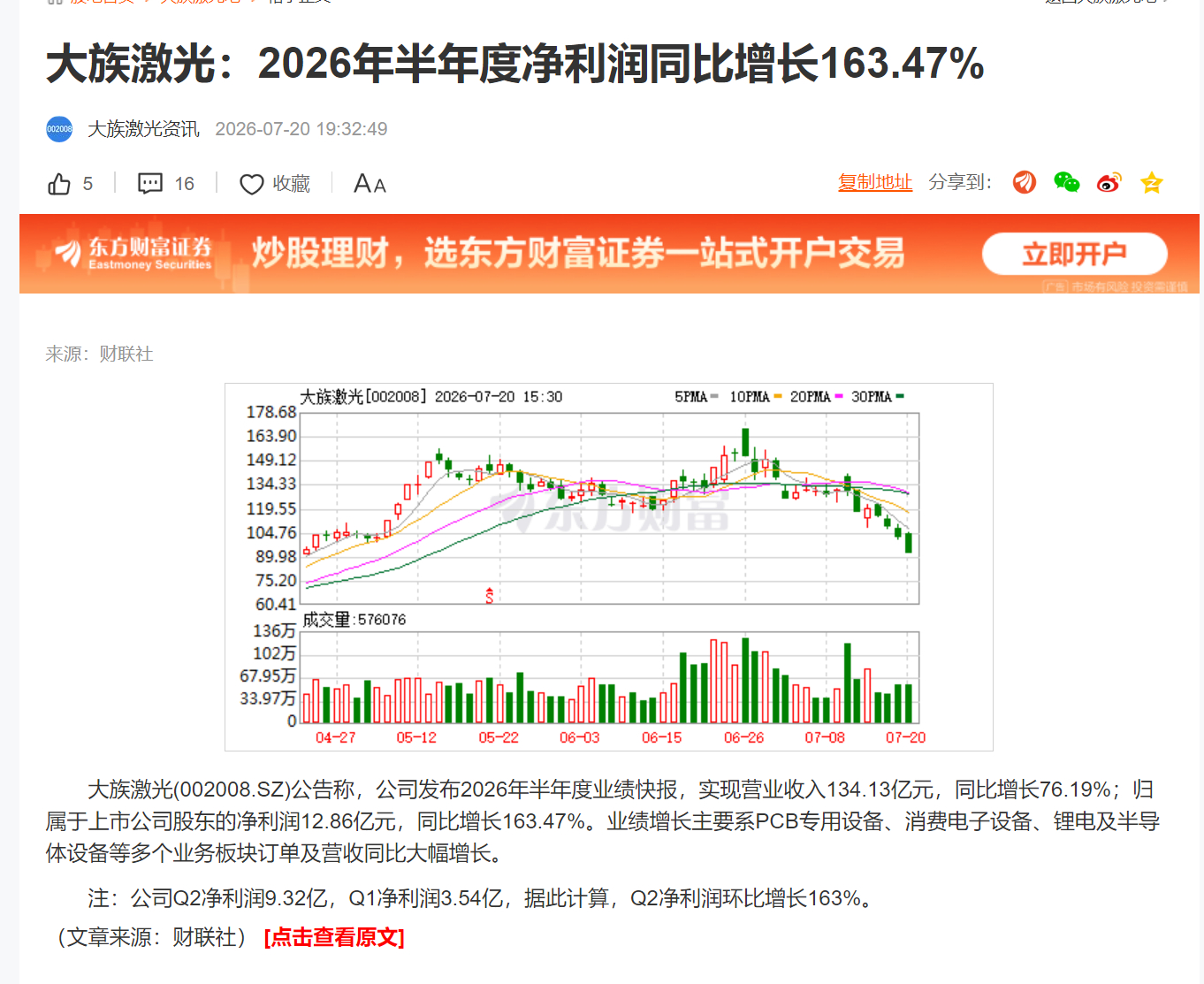 大族激光：2026年半年度净利润同比增长163.47% 