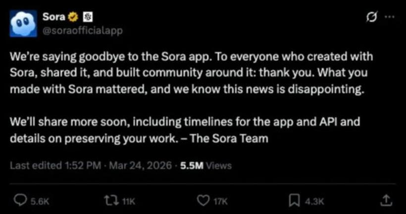 太突然！OpenAI亲手关停Sora！
昨天还在说Sora怎么怎么样，今天说没就