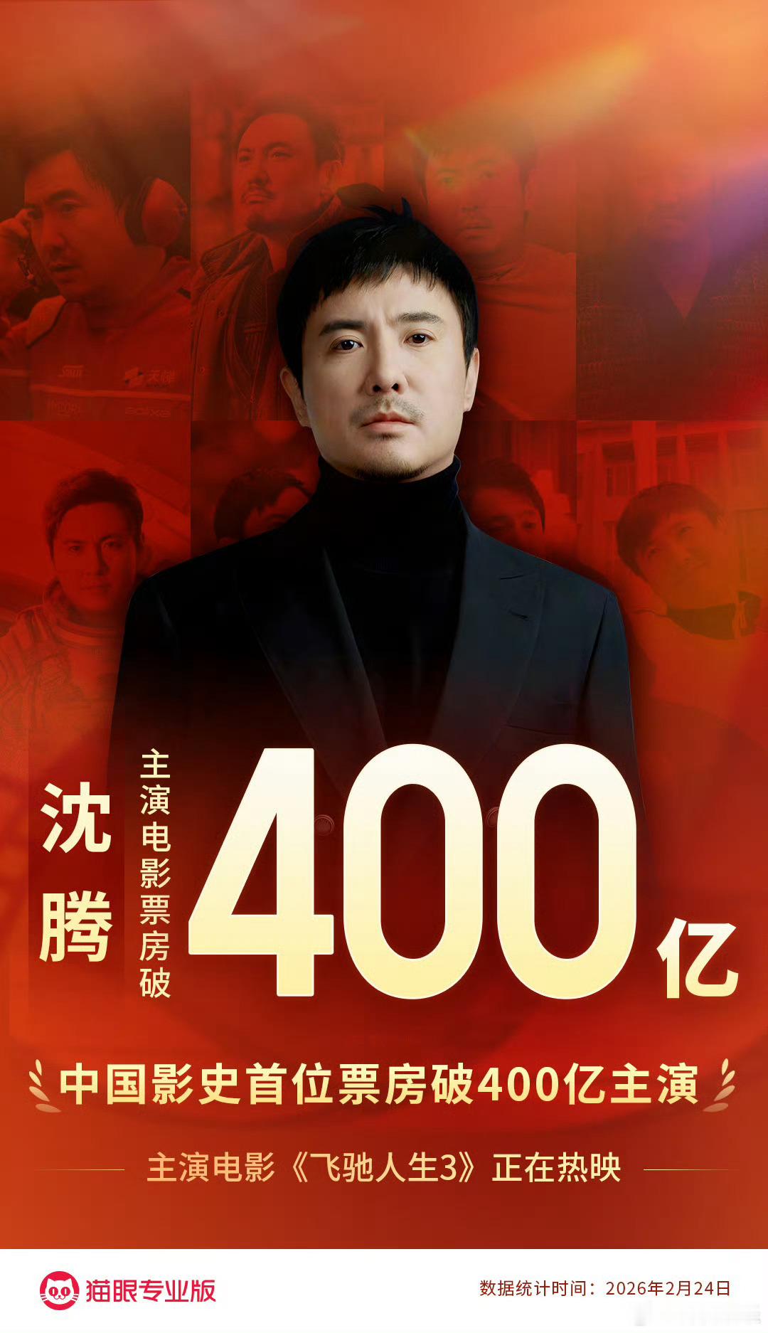 沈腾主演电影超400亿票房沈腾中国影史首位400亿影人  据猫眼专业版数据，主演