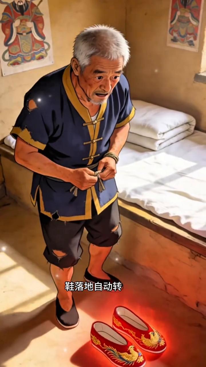 房梁上挂着绣花鞋。
赵石根正躺在炕上打盹，忽然听见房梁上咚的一声，一双大红色的绣