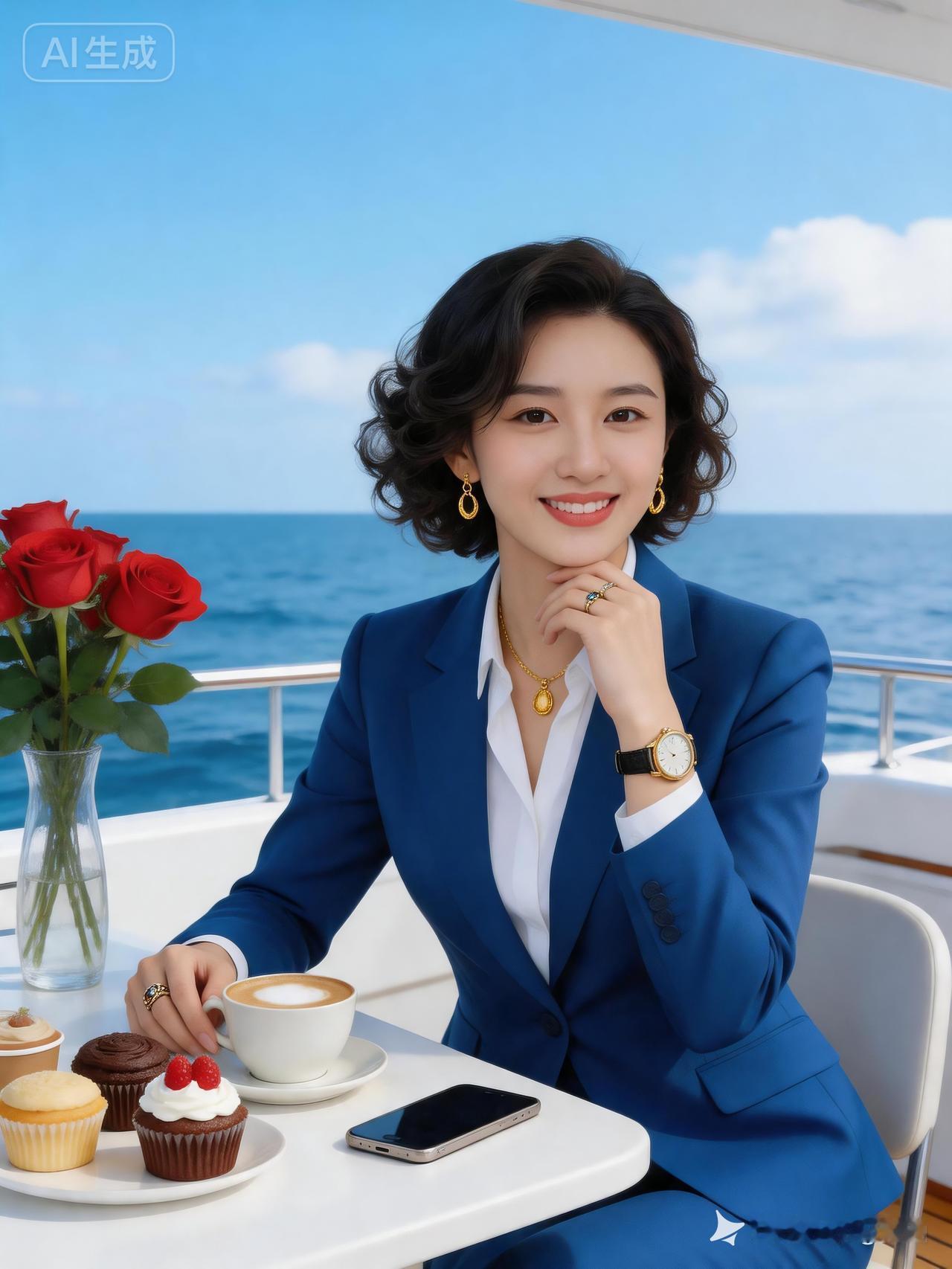 海边咖啡时光，优雅蓝调穿搭，享受美好生活！