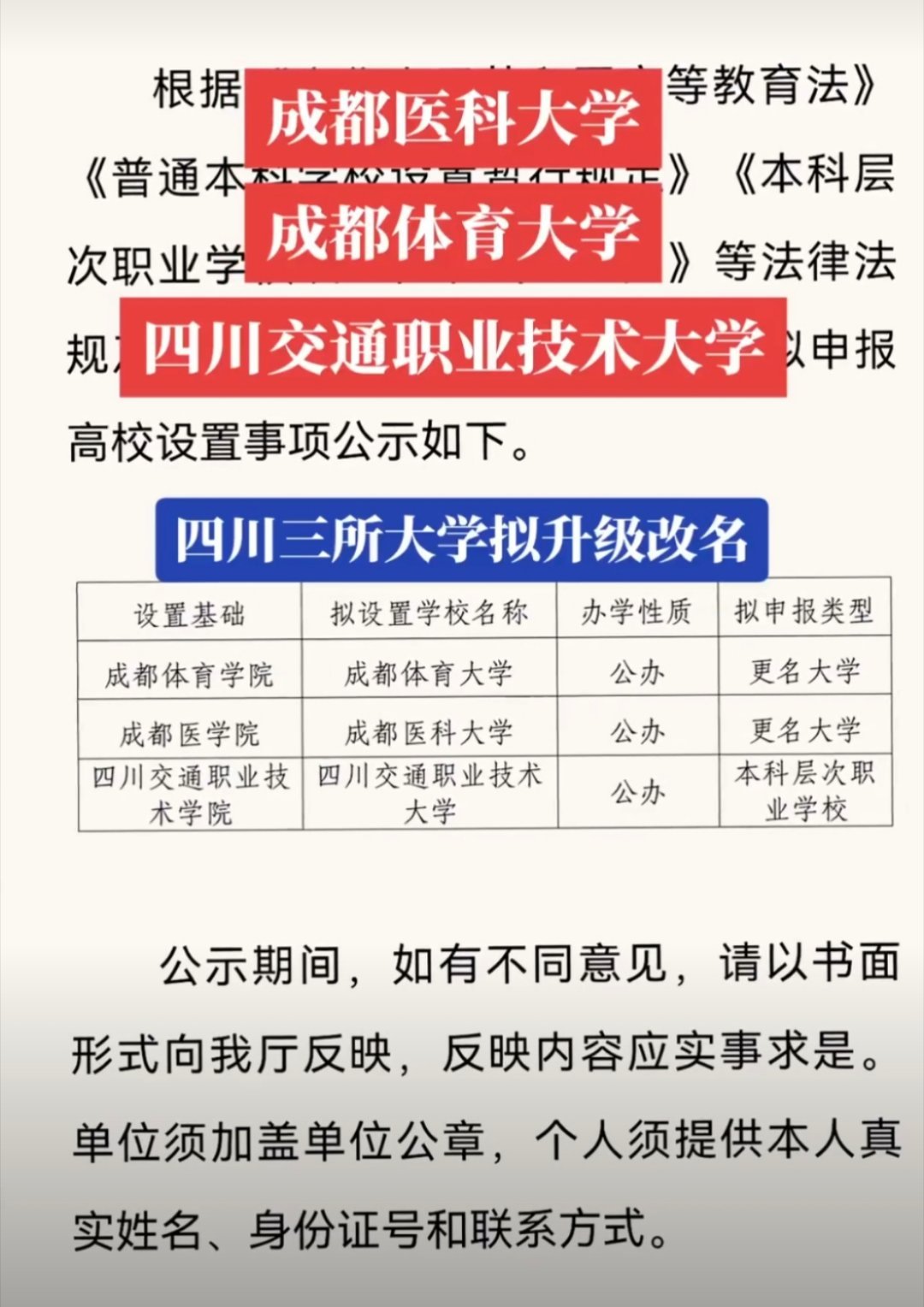 四川三所学院拟更名为大学 有你的母校吗成都体育学院→成都体育大学成都医学院→成都