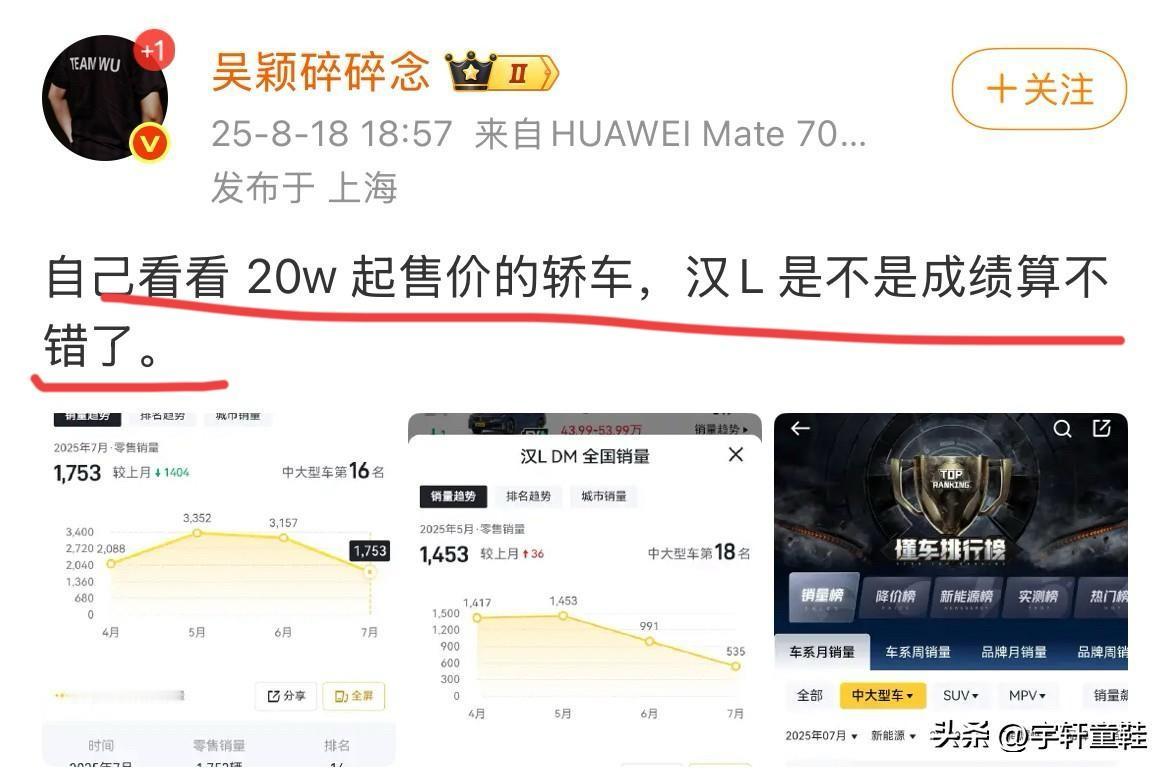 博主：“看看20万起售价的轿车，汉L的成绩是不是算不错了？”
汉L的销量别问我怎