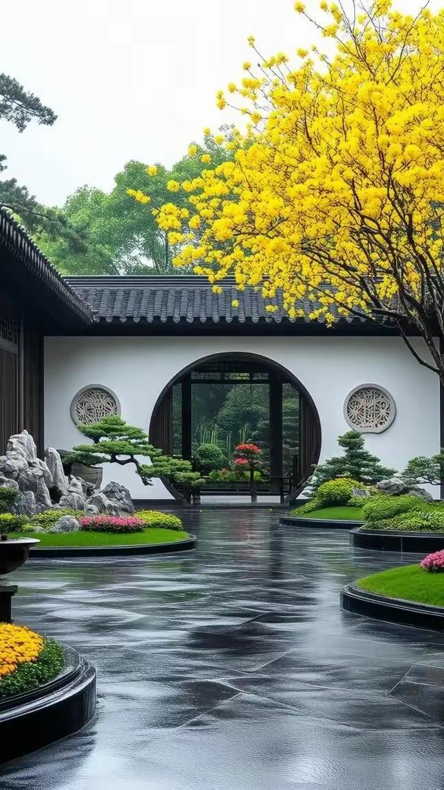雨后庭院，静谧雅致，花木葱茏，古韵悠长。