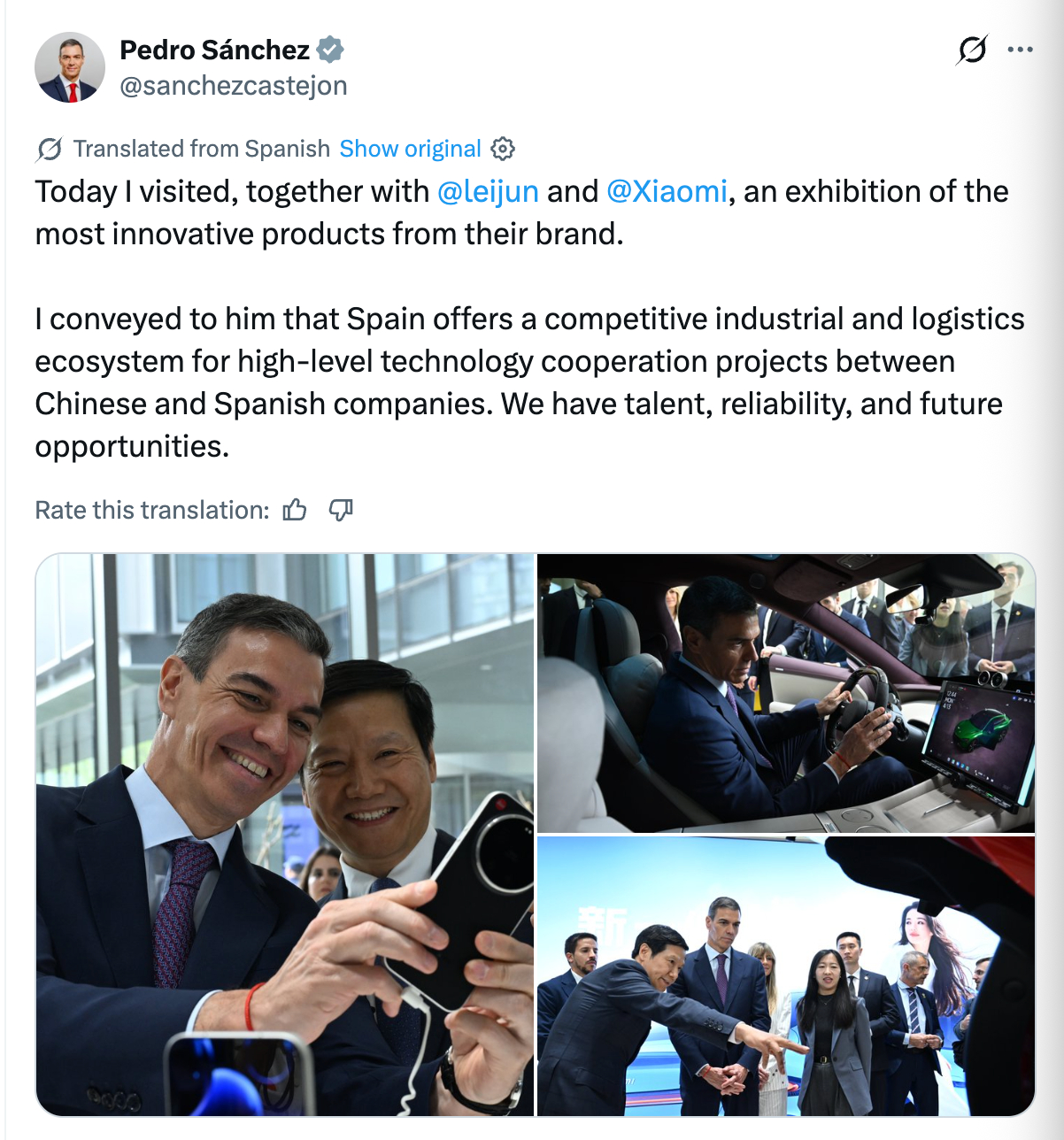 西班牙首相和雷军自拍 桑切斯在X平台也发文了：”今天，我与雷军先生及小米团队一同
