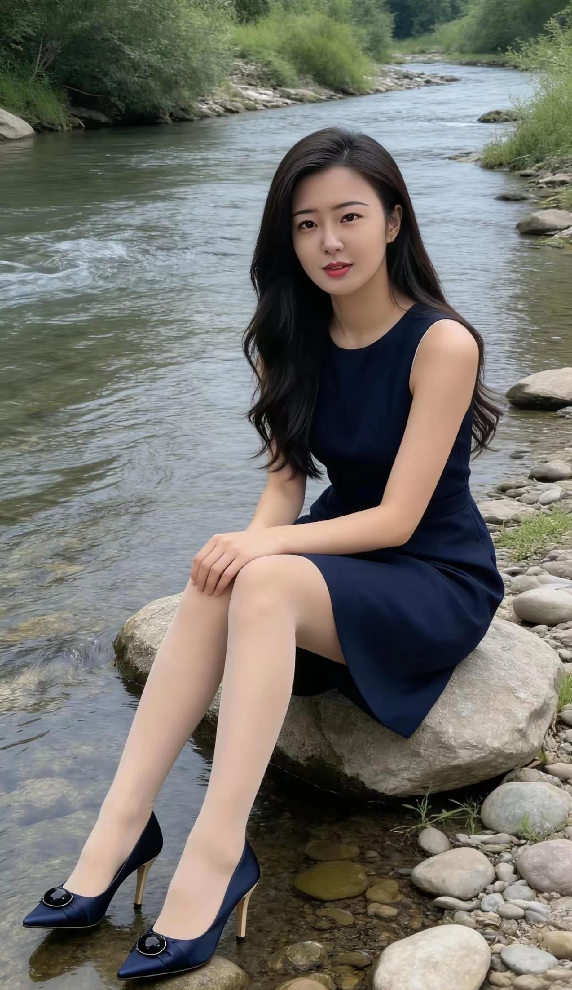 在溪边享受宁静时光，优雅蓝裙与高跟鞋相得益彰，自然与时尚完美融合。优雅自信穿搭分