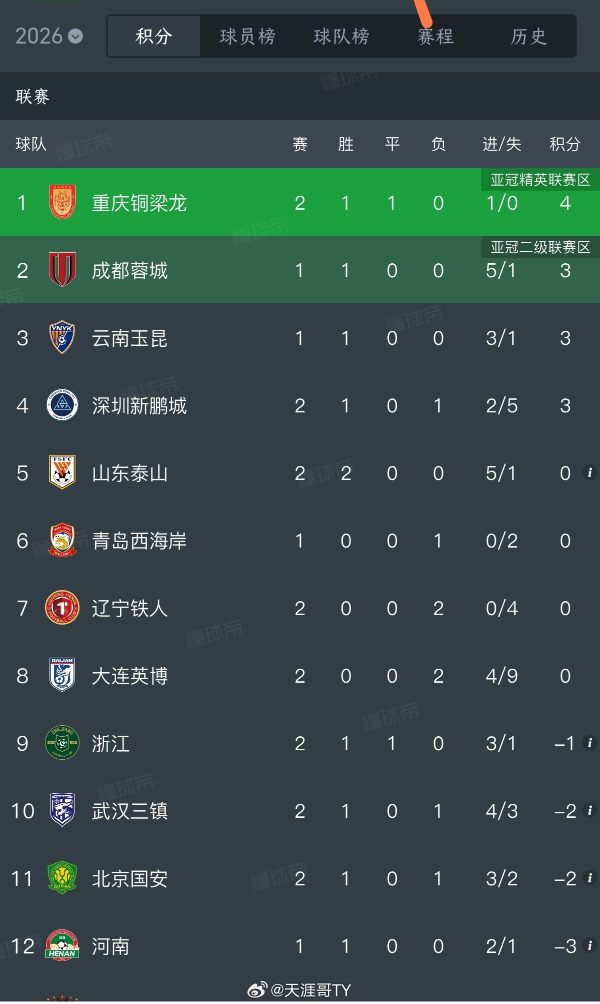 中超联赛 这排名铜梁龙山东泰山2比1北京国安