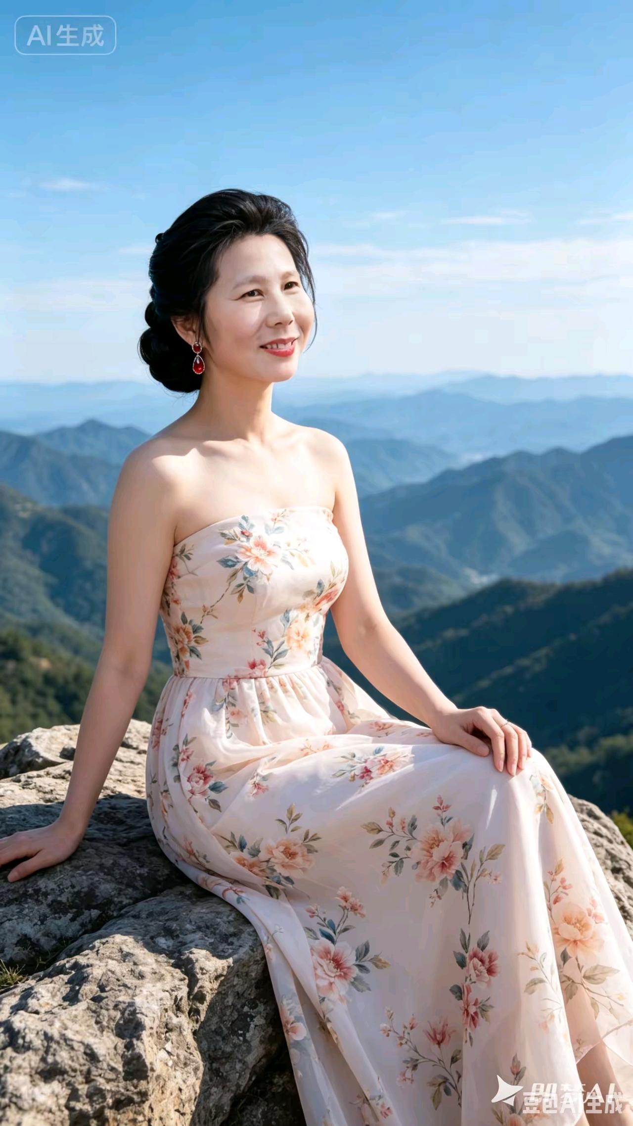 峰巅闲意
危岩静卧赏晴岚，万嶂青山入画帘。
花裙浅染天光煦，宝珰垂辉映鬓颜。
眸