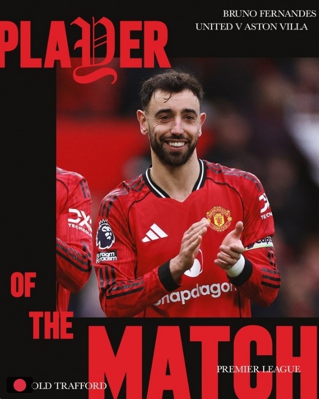 #B费当选战胜维拉队内最佳球员# 在本轮英超，曼联3-1击败维拉，B费送出2次精