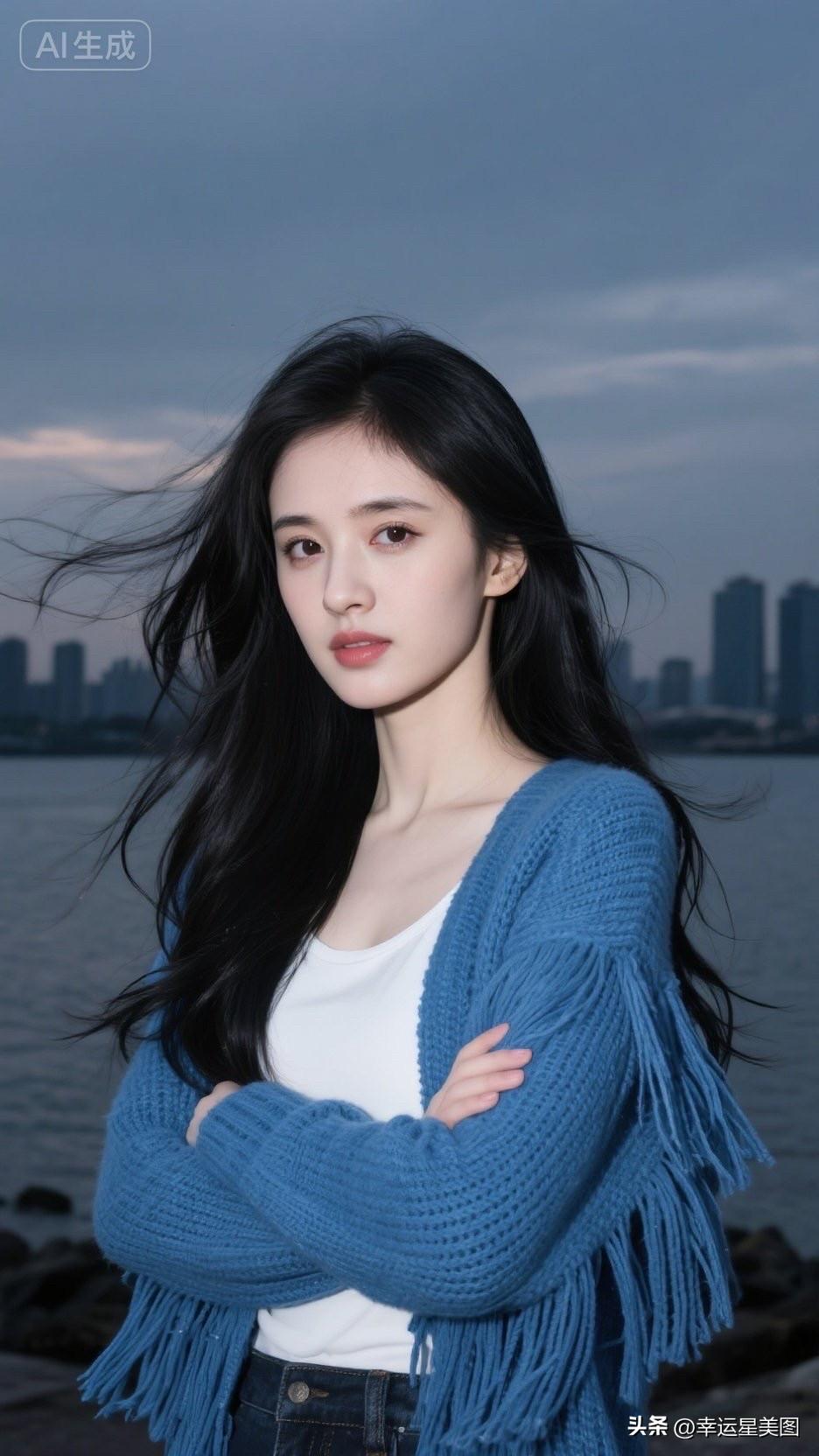 都市夜景下的温柔少女，蓝色毛衣搭配白色T恤，尽显清新自然。
