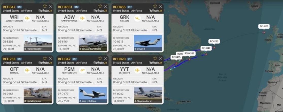 一夜之间，更多美国运输机飞越大西洋，先飞往欧洲，再飞往中东，空运仍在继续。