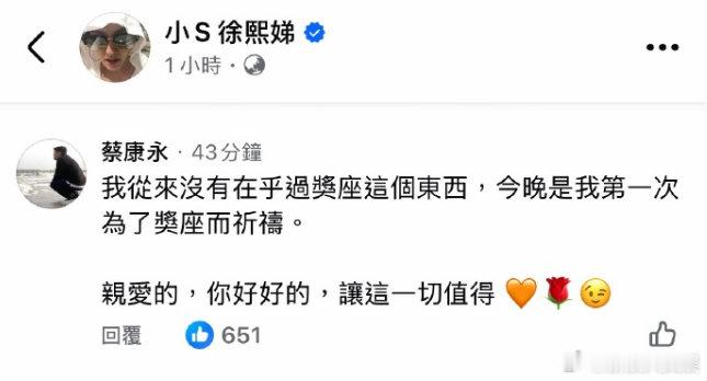 蔡康永一直陪着小S蔡康永看小S的眼神 17日晚，获金钟奖，她发文感谢大S和，蔡康
