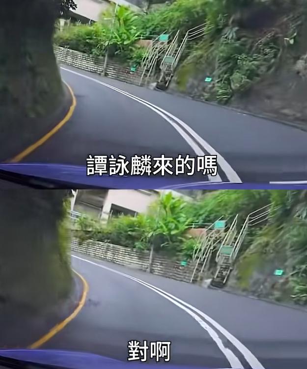 弯道刚转过来，一名跑步男子突然靠近路面，车辆迅速减速，他也赶紧退回路边，整个过程