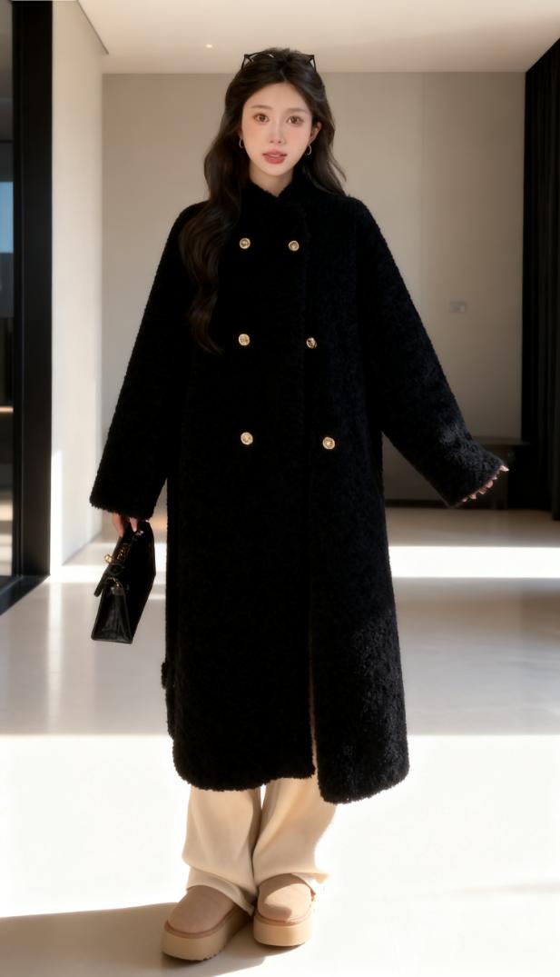 黑色加厚仿羊羔毛大衣