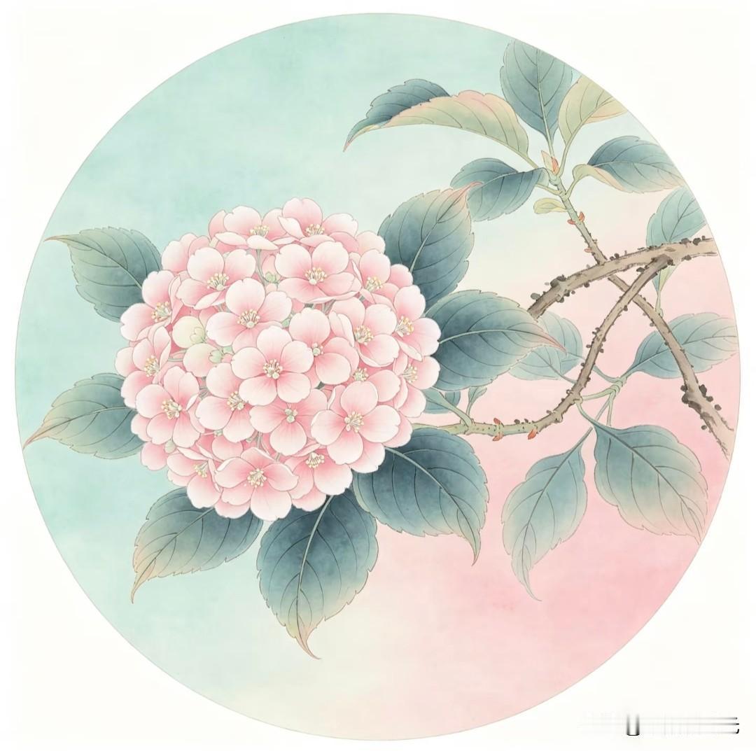 簇簇绣球绽，韶华凝笔端，春意不负卿。
小画拾光绣球花国画素材分享 绣球花
淡雅绣