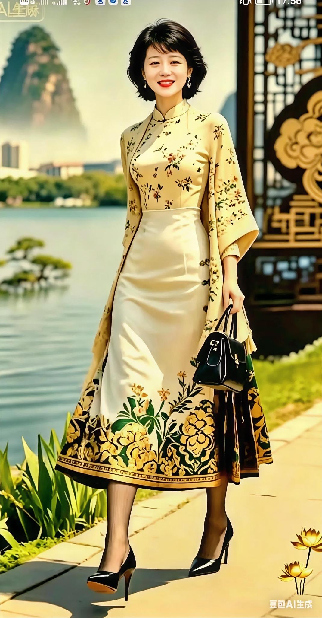 古典美女缓缓从湖边走来，古典和现代相结合，相得益彰。

ai美人图 
AI中式美