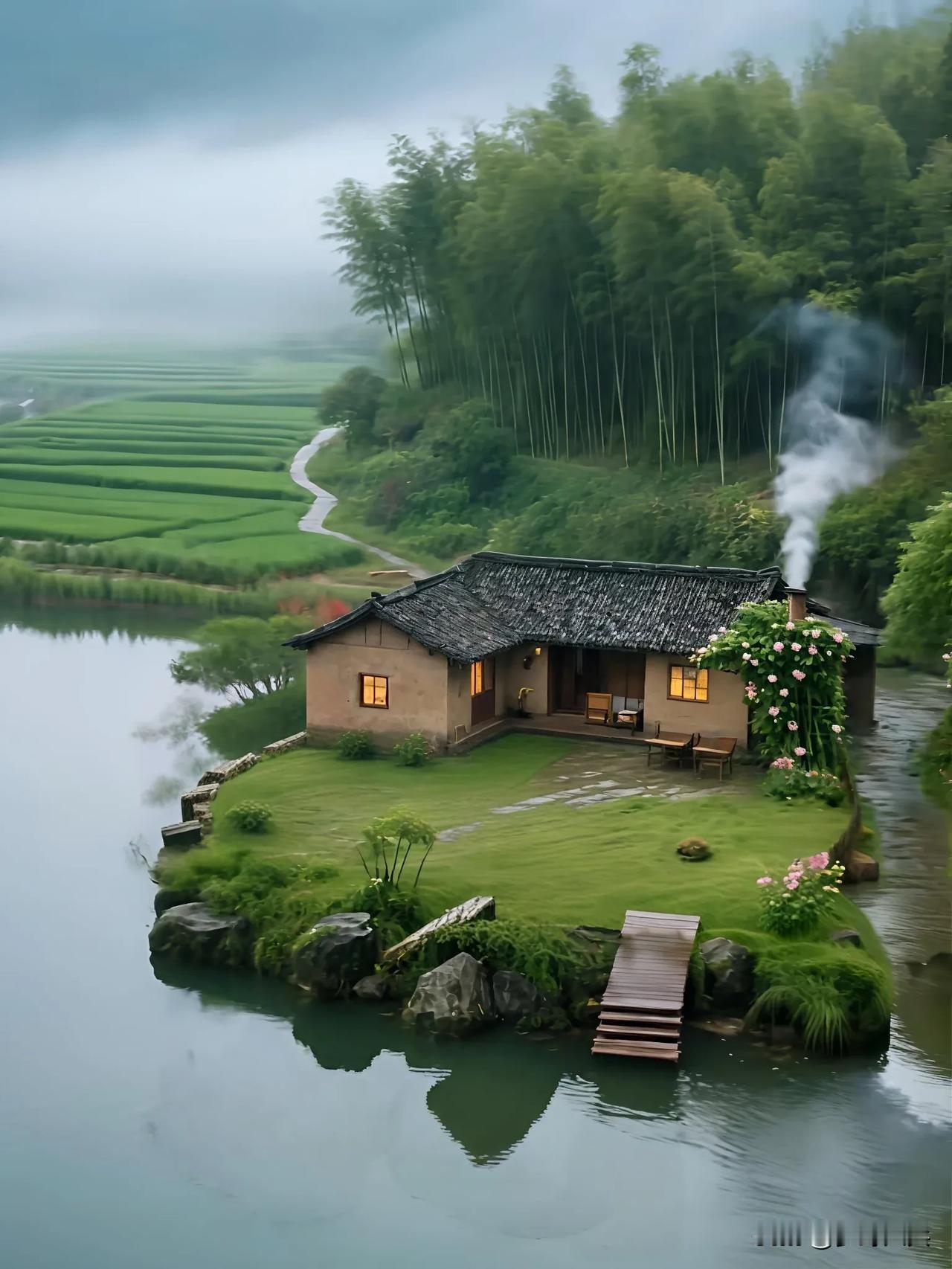 山边上发现一户人家，一家人居住在湖边上几十年，种地养殖与世无争，房屋前面山泉水留