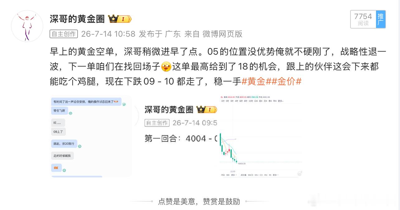 7月14日周二布局回顾：单日战绩180点🎯🎯🎯黄金4005空单，抵达400