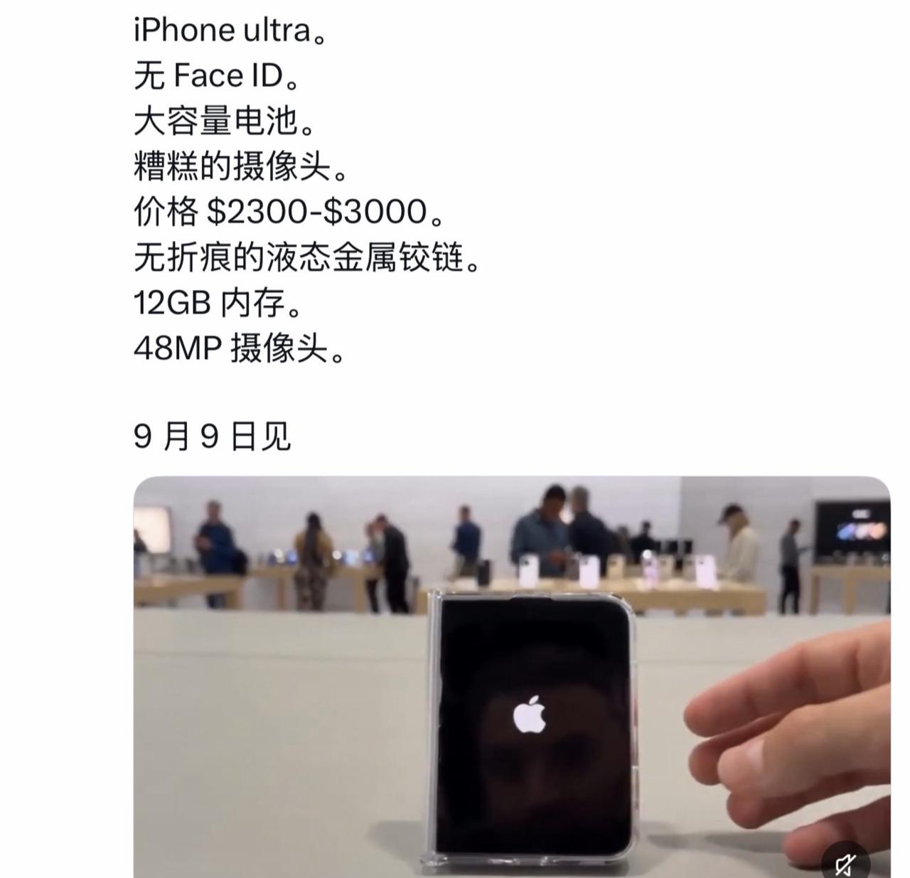 iPhone ultra。 
无 Face ID。 
大容量电池。 
糟糕的摄像