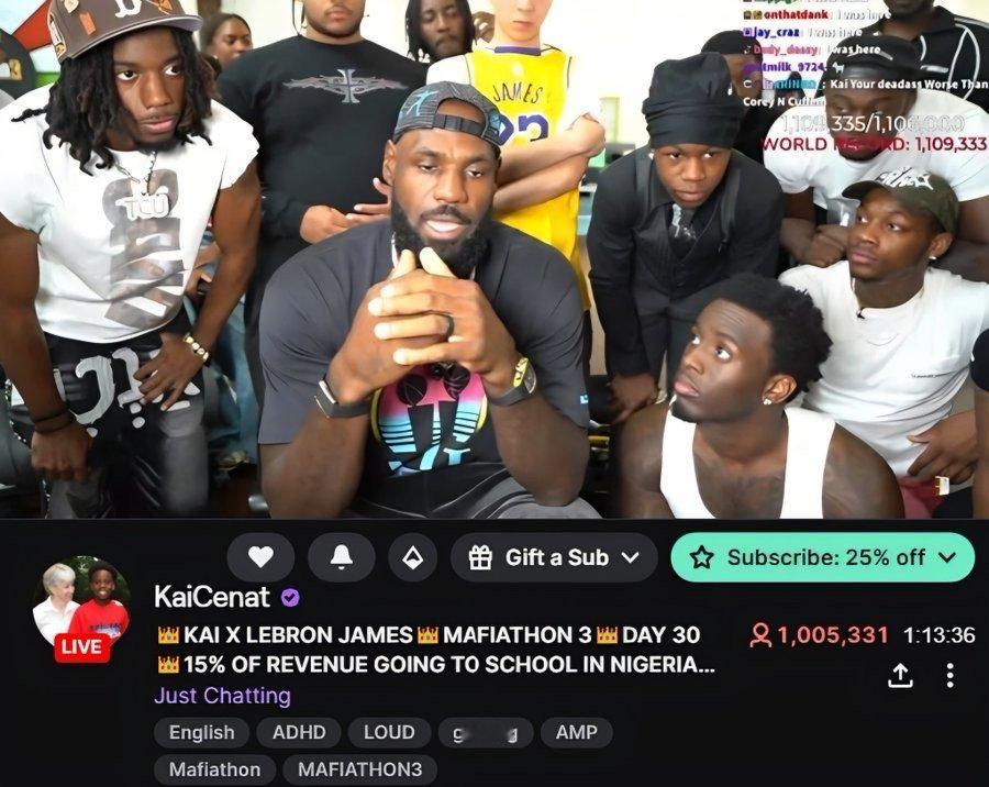 Kai Cenat 与 LeBron James 一起直播时，直播观众人数首次突