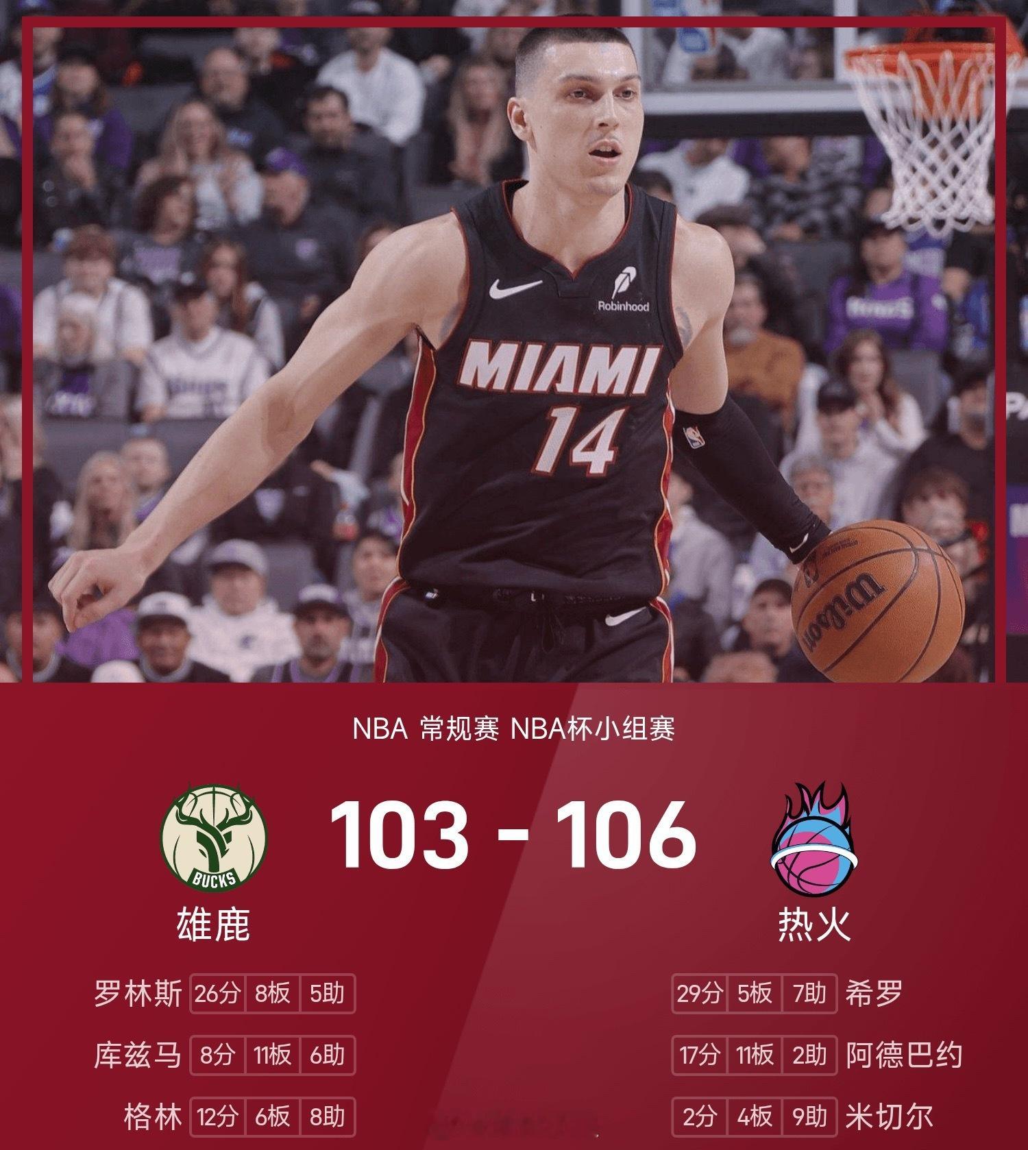 25/26赛季NBA 常规赛 NBA杯小组赛，热火对阵雄鹿。双方全场战罢，热火1
