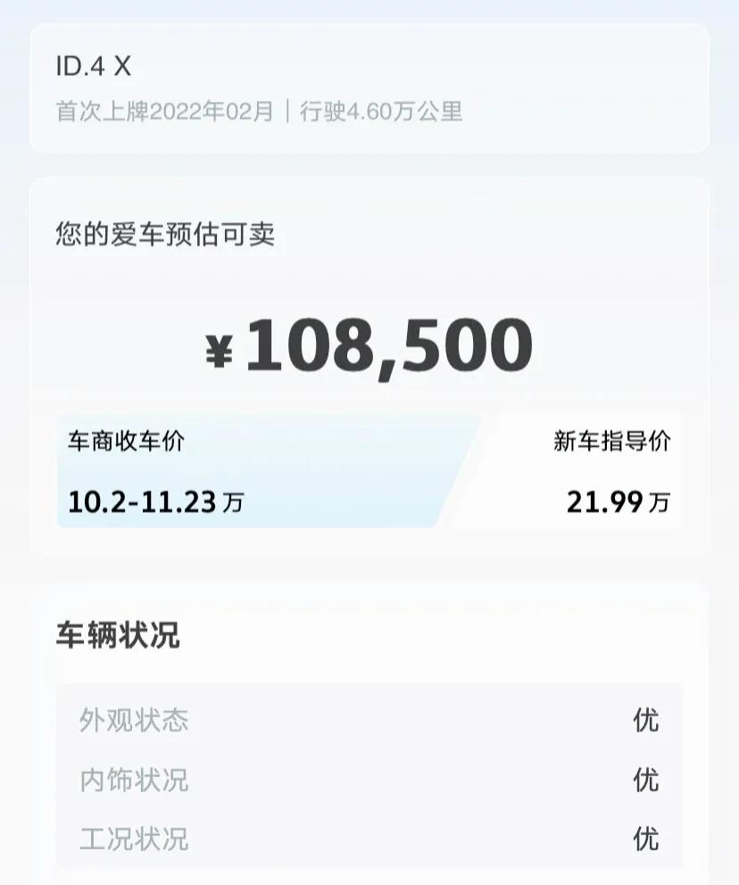 电车大众ID4的保值率够低啊！2022年购买的新车，落地大概21万，当时新能源车