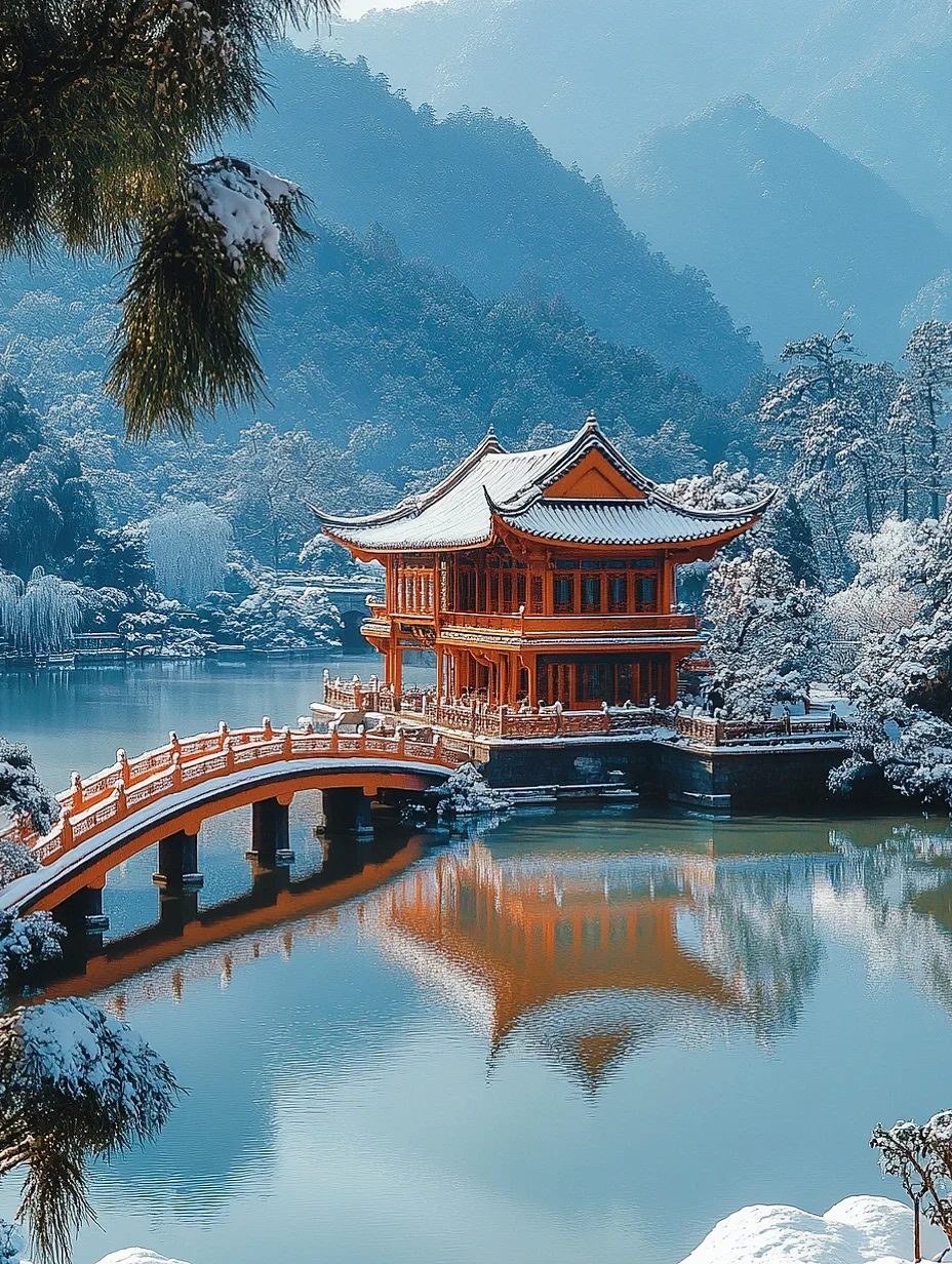 【中式大美雪景】雪后园林，水边楼阁美如画