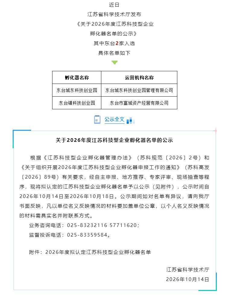 江苏省科学技术厅发布《关于2026年度江苏科技型企业孵化器名单的公示》，经自主申