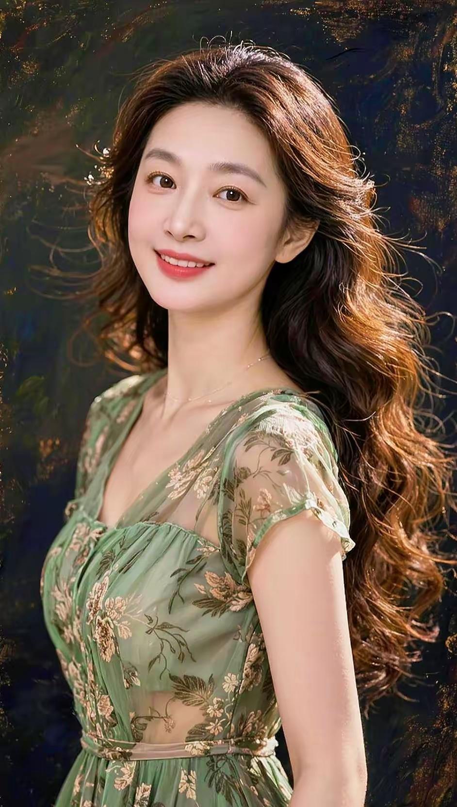 温柔微笑，花裙飘逸，自然妆容，气质动人