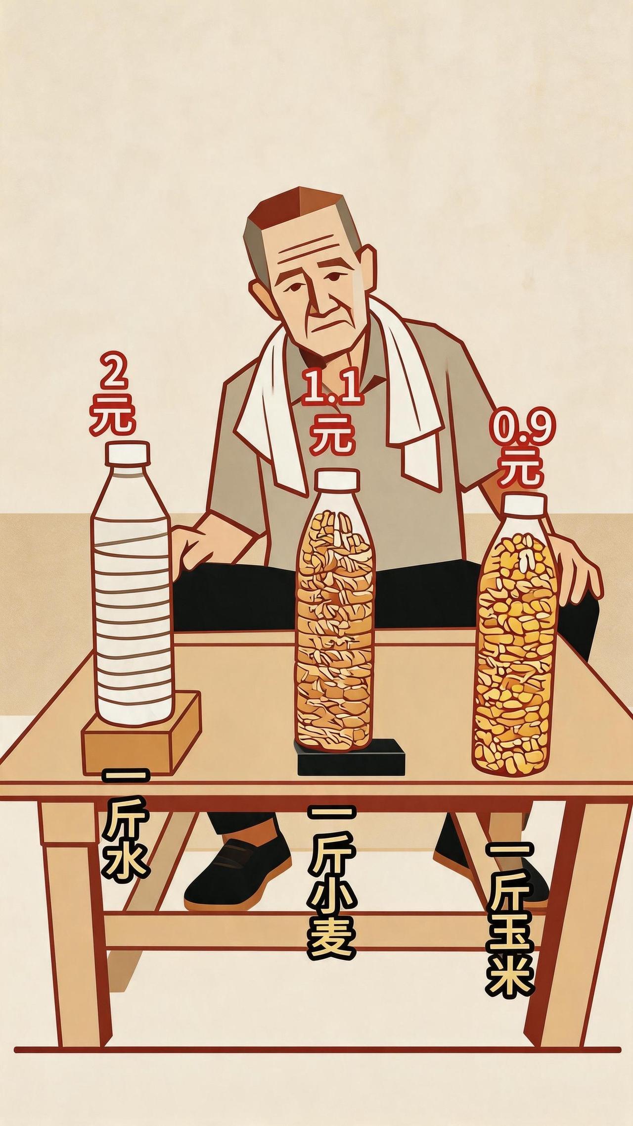 老陈蹲在桌后，毛巾搭在肩膀上，汗还是顺着皱纹往脖子里钻。桌上三个瓶子，水、小麦、