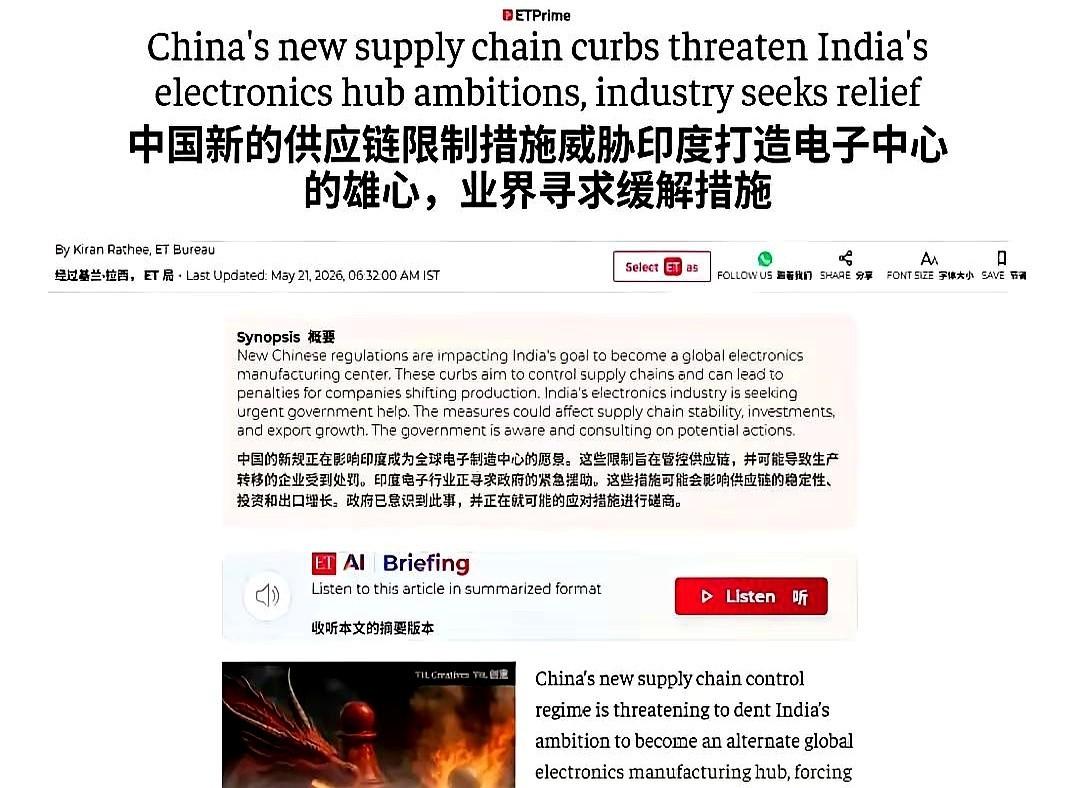 印度那边突然喊话，说我们拖了他们后腿。
原话更直接，说我们新出的供应链法规，就是