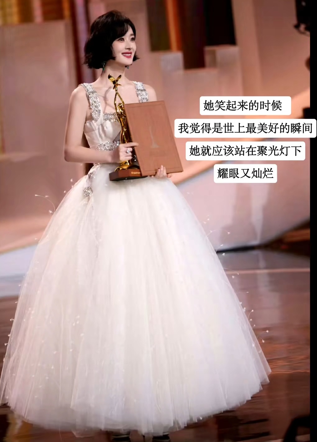 赵丽颖站在那里，领奖的一个个荣光时候是她们梦中情刻吧，也是，又有星光又动人又漂亮