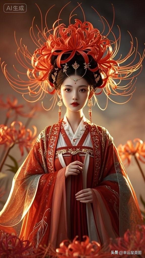 穿越时空的仙子，红衣飘飘，置身于梦幻花海。