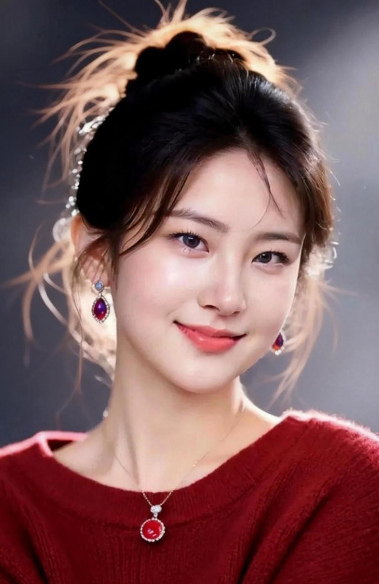 优雅红衣少女，微笑如春日暖阳。