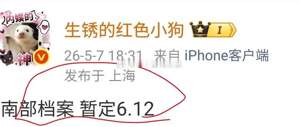 张新成、丁禹兮《南部档案》暂定6月12日首播。 