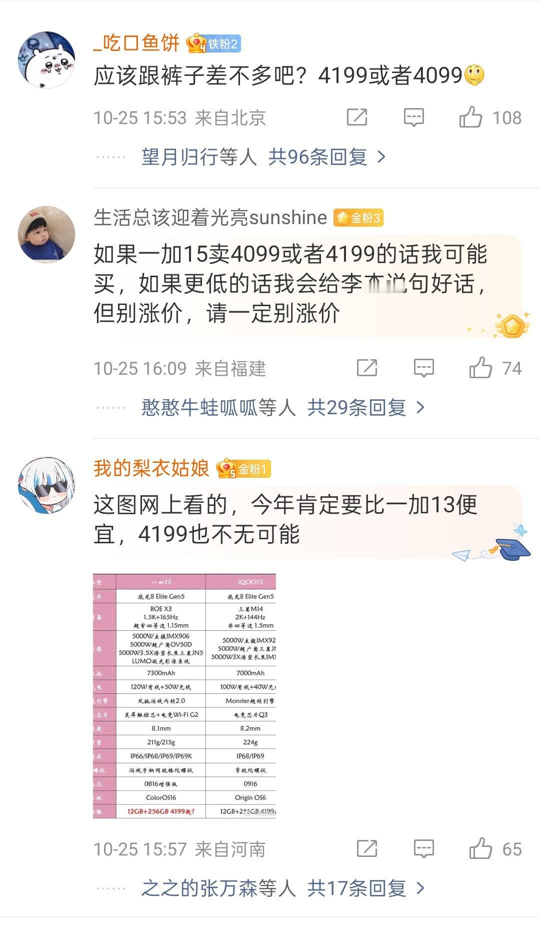一加15现在“传”的价格是4199，大家觉得能接受吗[思考] ​​​