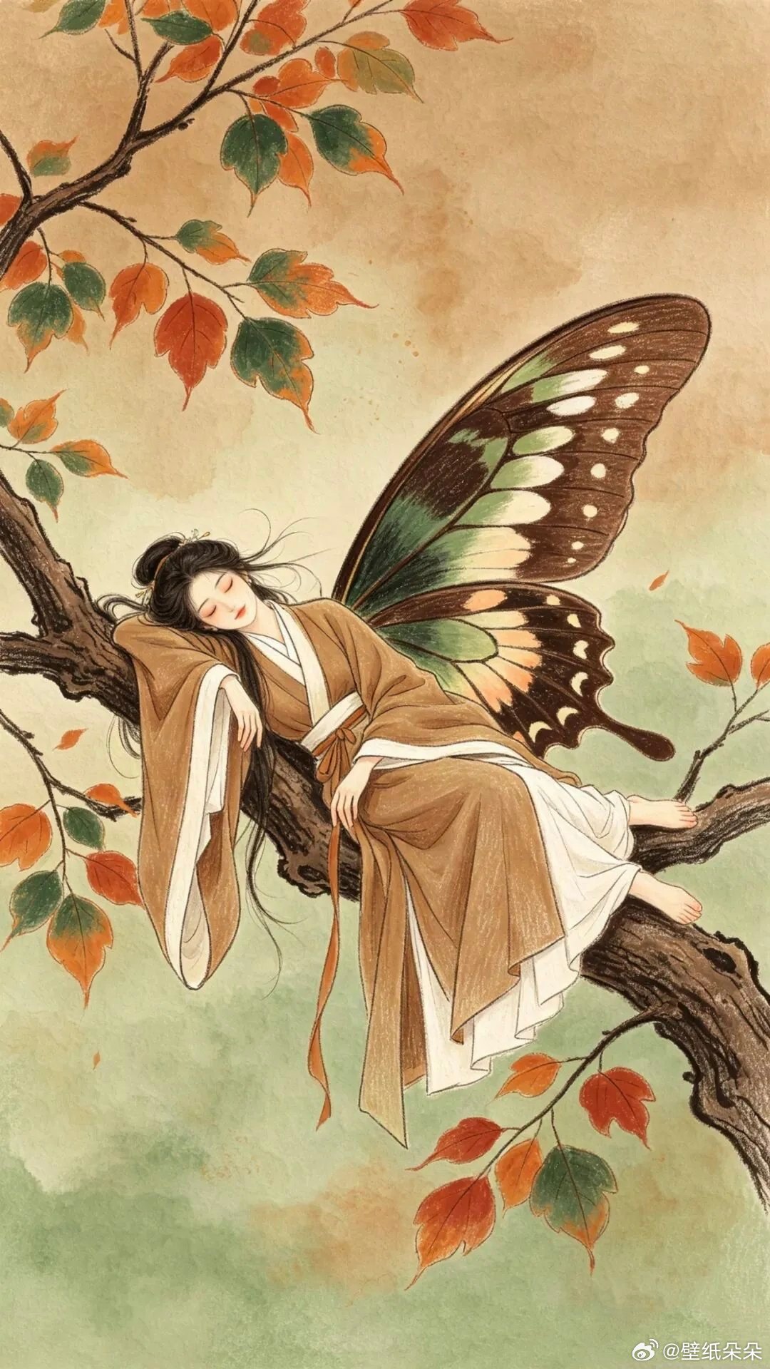 花枝小憩蝴蝶仙子古风插画壁纸 