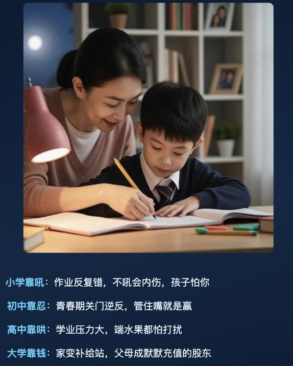 小学靠吼初中靠忍高中靠哄大学靠钱小学靠吼，初中靠忍，高中靠哄，大学靠钱。现在我两