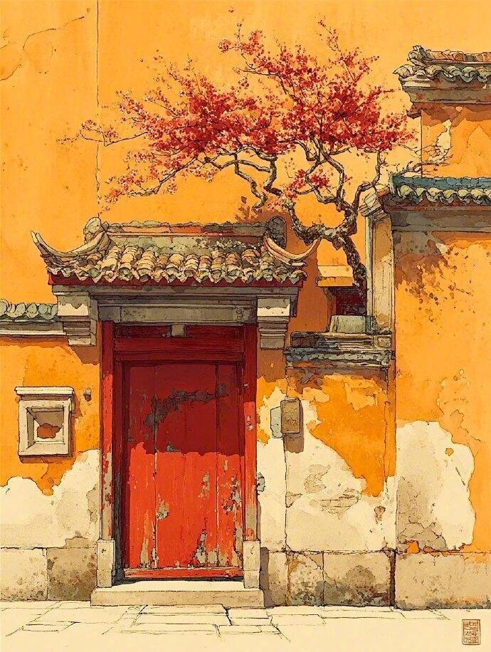中式传统建筑门户，经典的中国庭院场景。 