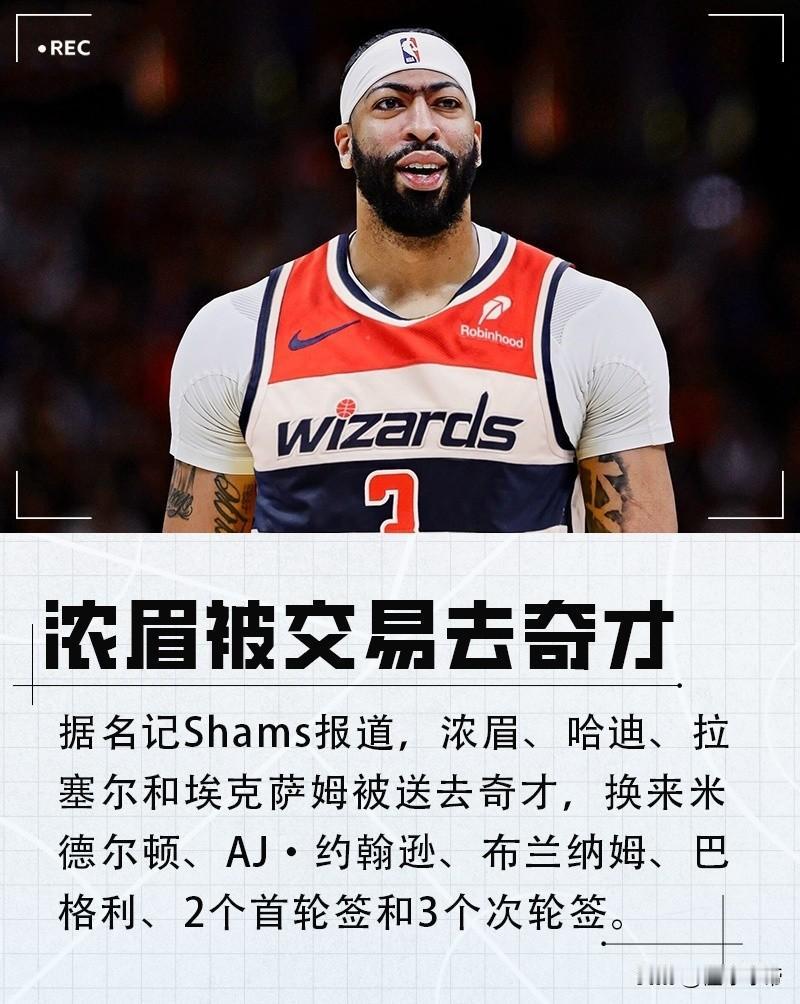 只为独行侠打了29场比赛，浓眉被独行侠送去了奇才!

刚刚NBA又发生了一笔重磅