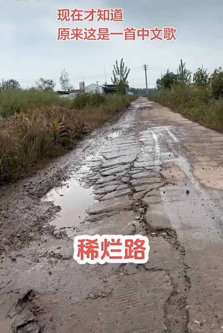 现在才知道原来这是一首中文歌。
路稀烂，还有石头，窟窟窿窿，可难行，一抖一抖路。