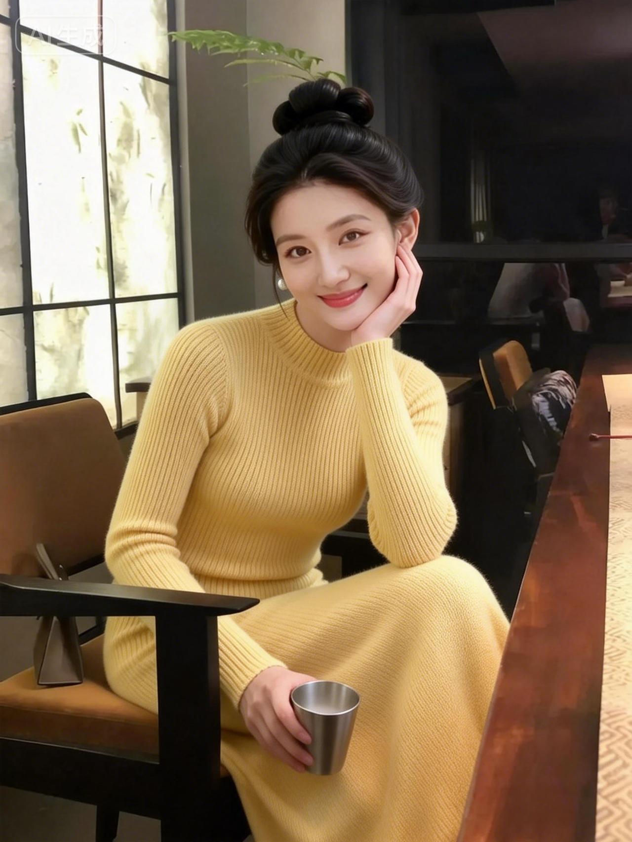 优雅咖啡时光，暖黄毛衣搭配，享受宁静午后。