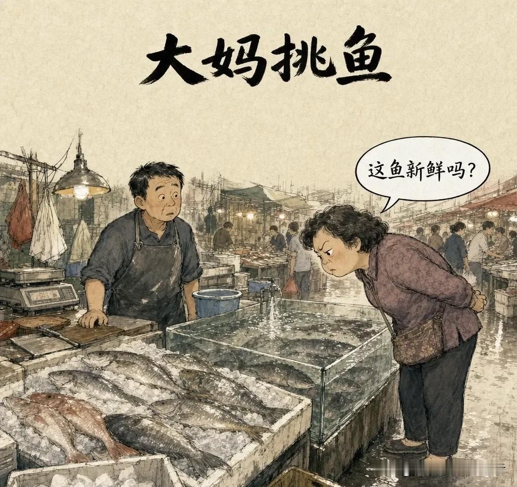 趣味漫画：大妈挑鱼，问老板：「这鱼新鲜吗？」老板拍胸脯：「早上刚捞的！」大妈拎起