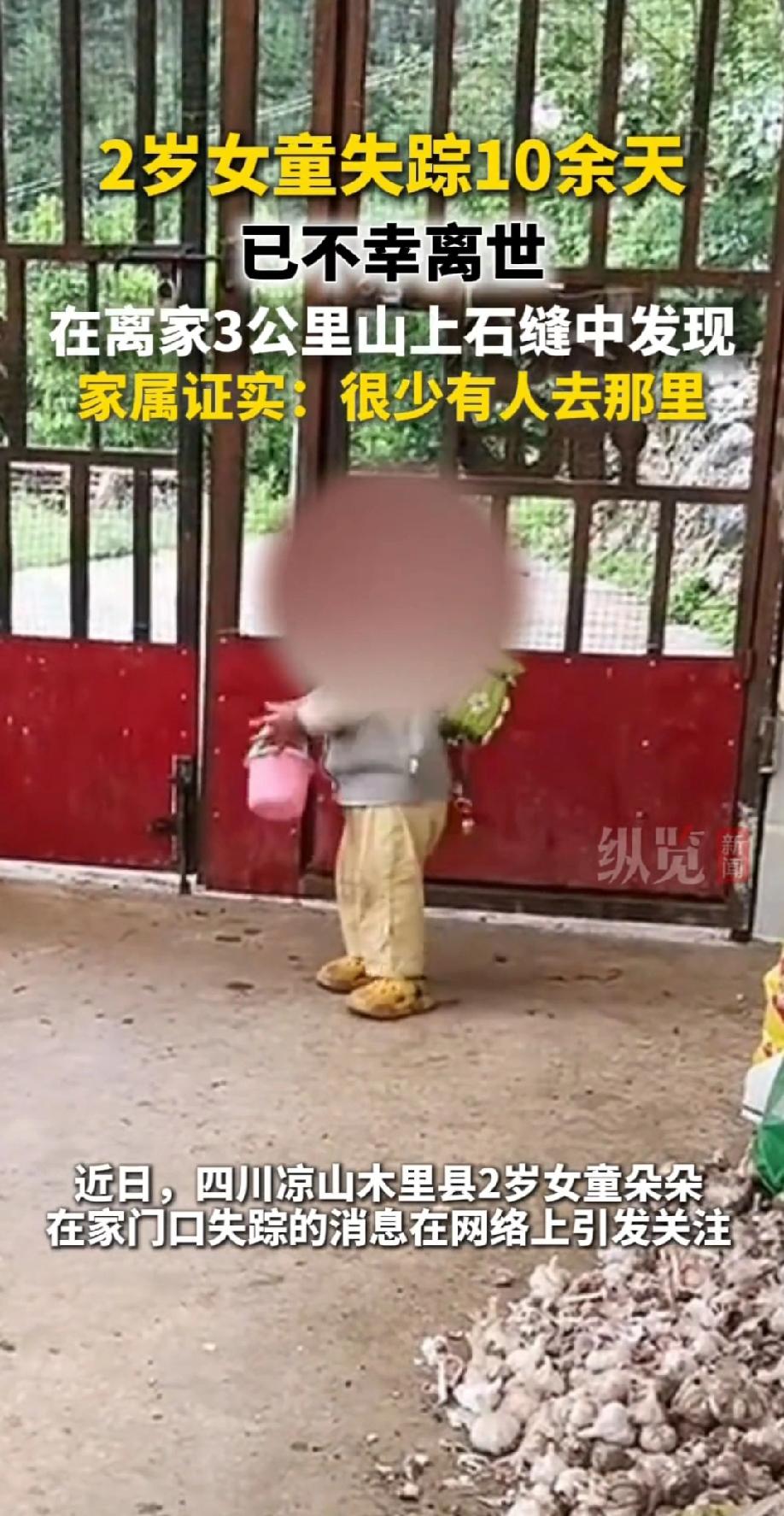 四川凉山木里县2岁女童朵朵，在9月4日上午于家门口失踪后，经过12天的大规模搜寻