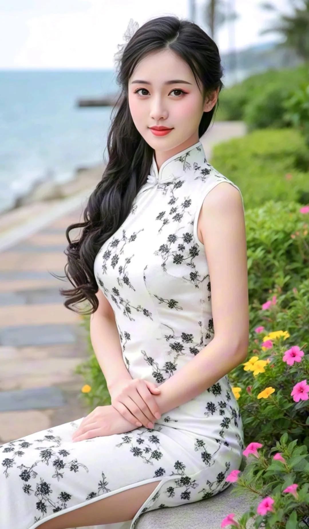 海边漫步，花裙飘飘，美如画卷。
