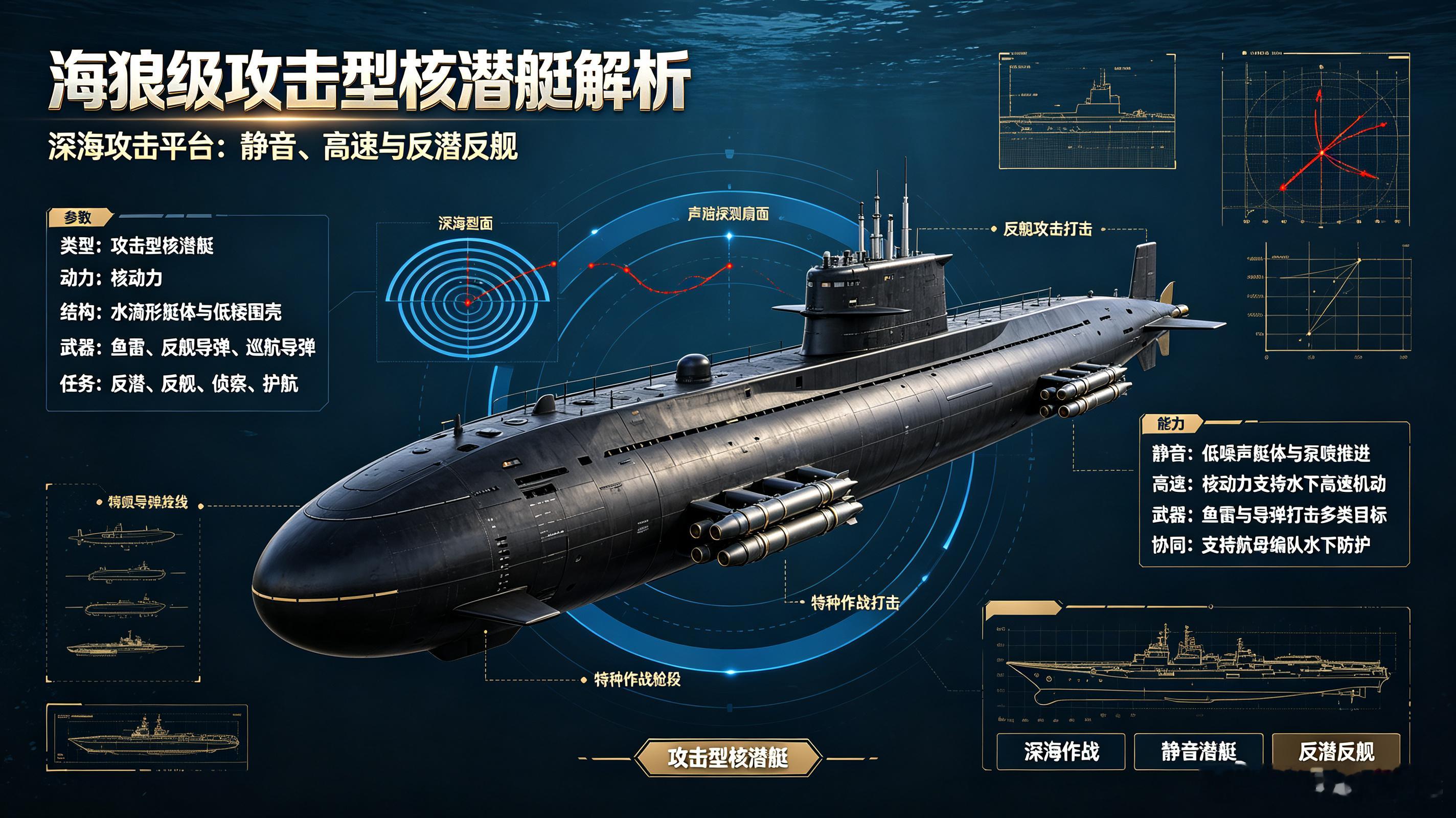 海狼级攻击型核潜艇，美军深海作战平台。核动力、水滴形艇体、低矮围壳与泵喷推进器强