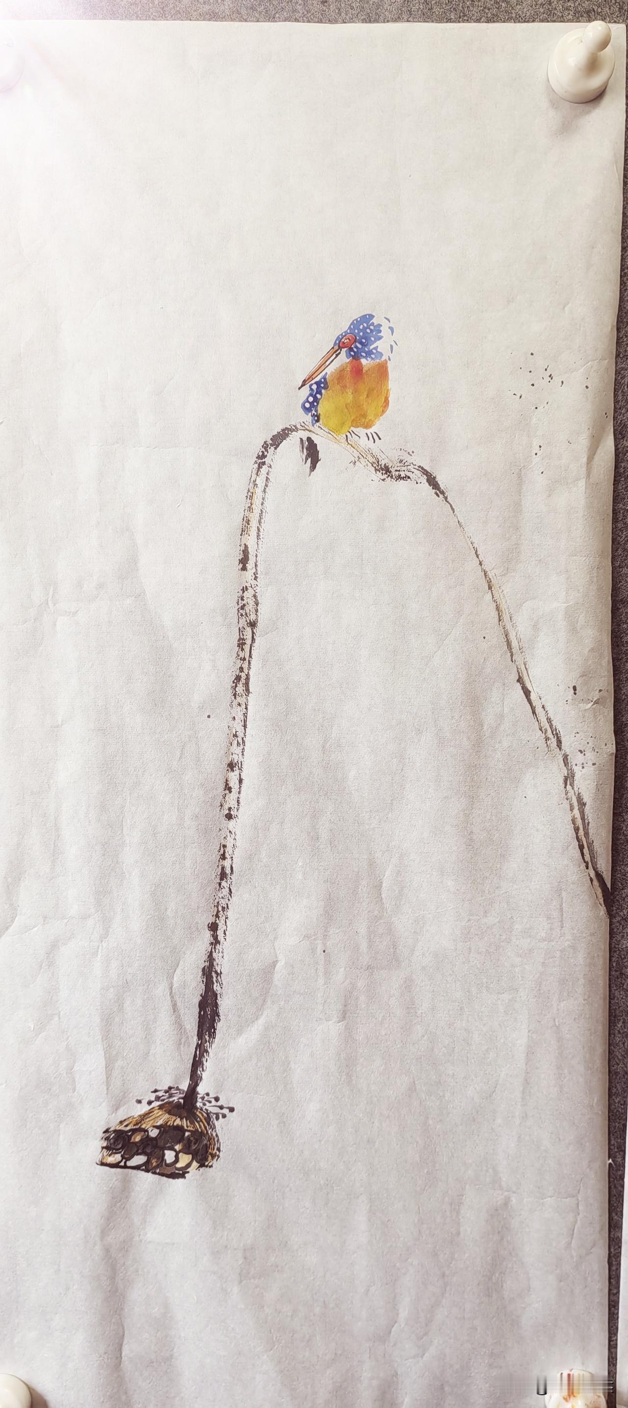 上一幅画朋友说画的昆虫蜻蜓。和时间不对。然后这次我就画个翠鸟。[大笑][大笑][