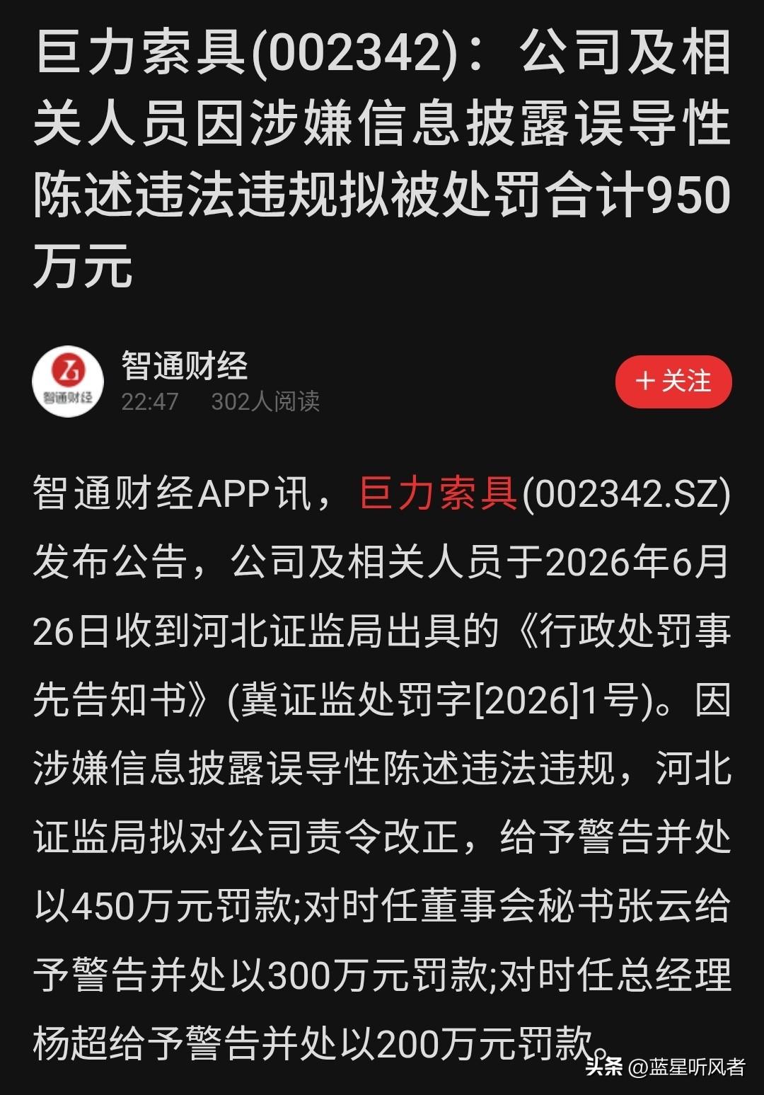 巨力索具被罚950万！蹭商业航天热点割韭菜，为啥等跌下来才罚？说句大实话👇
