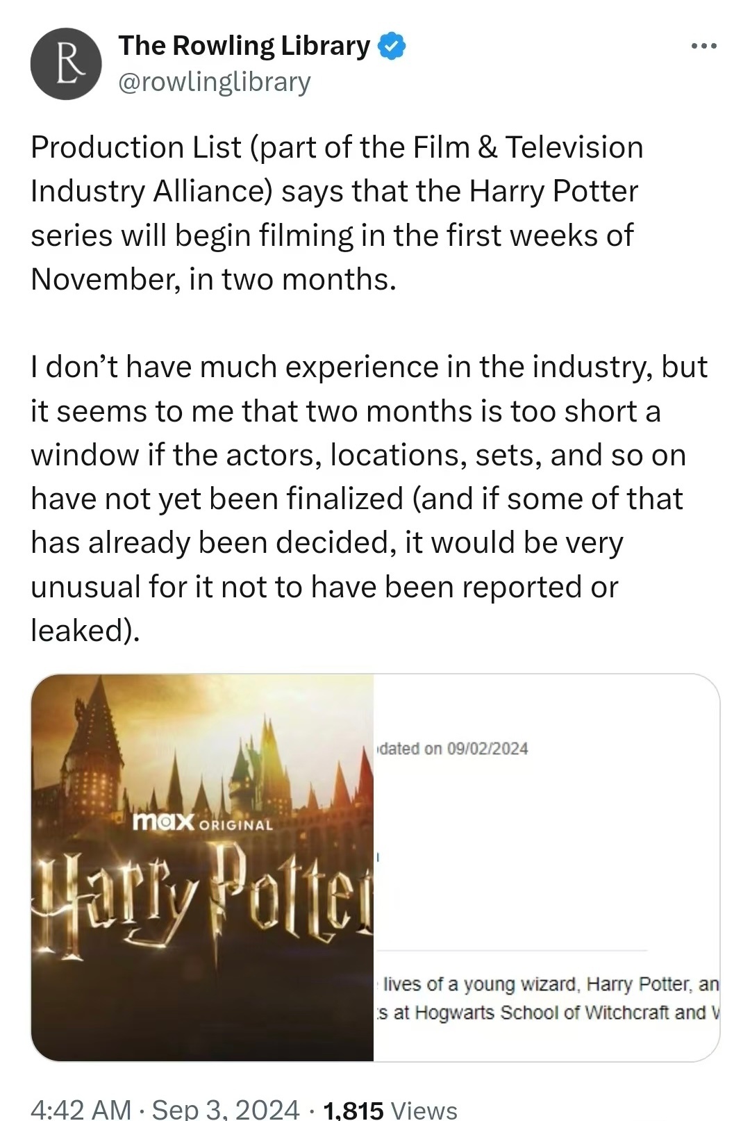 美国电影电视产业联盟的制作名单网页上显示，HBO《哈利·波特》系列电视剧将于 1