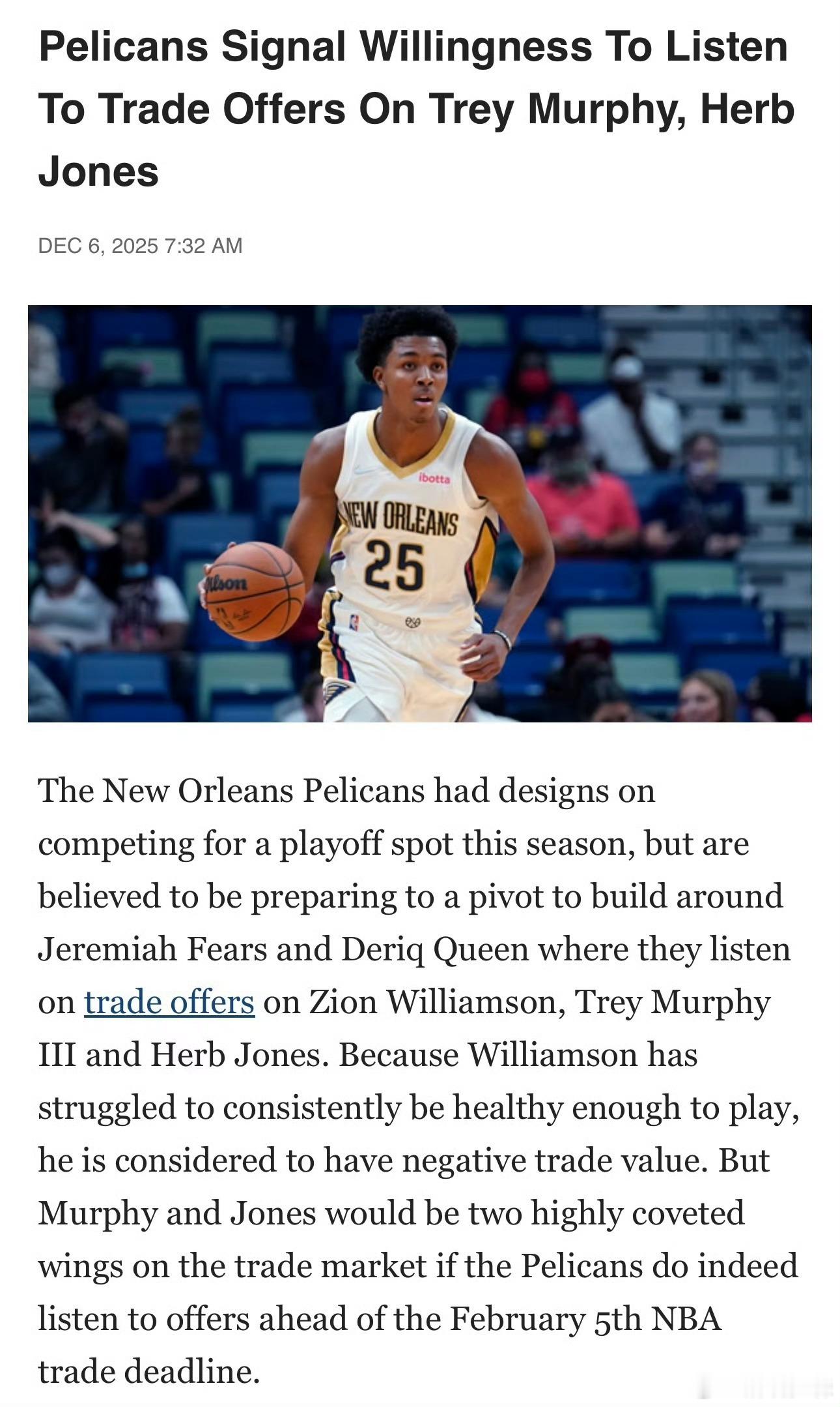 鹈鹕愿意听取关于特雷墨菲的交易报价。 